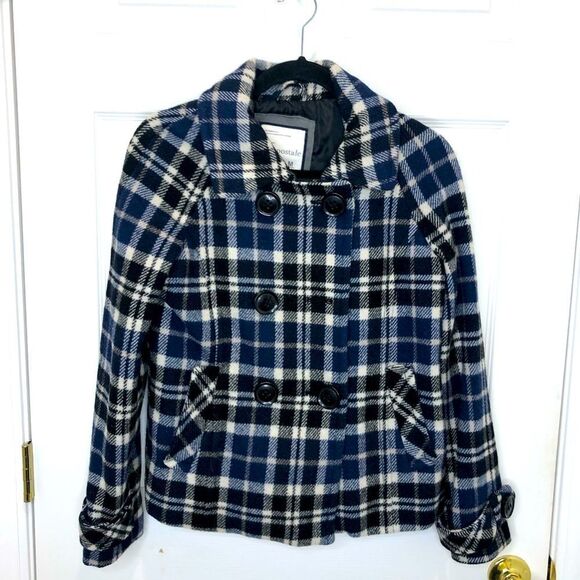 Aeropostale blue and white plaid pea coat, size medium - Picture 1 of 16